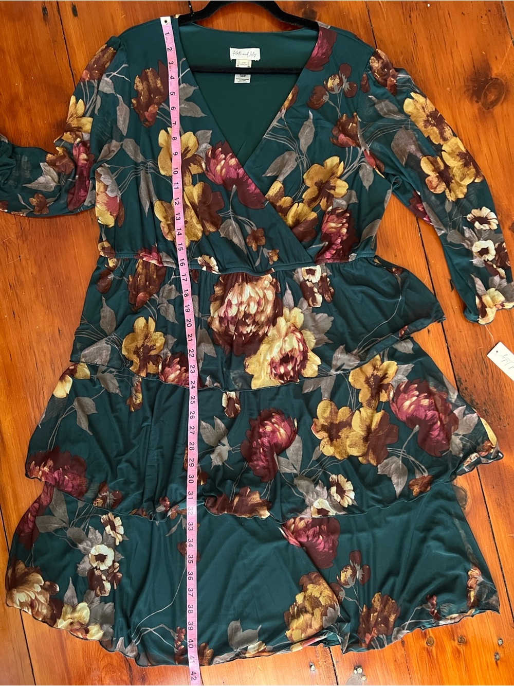 Hunter Green Light Weight Mesh Faux wrap Autumnal Floral Dress